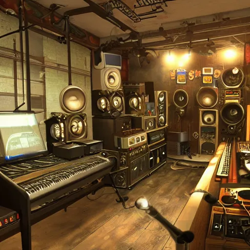 Image similar to steam punk music studio full of mixers, speakers and old electronic music machines and cables, artstation, unreal engine, voluminous lighting