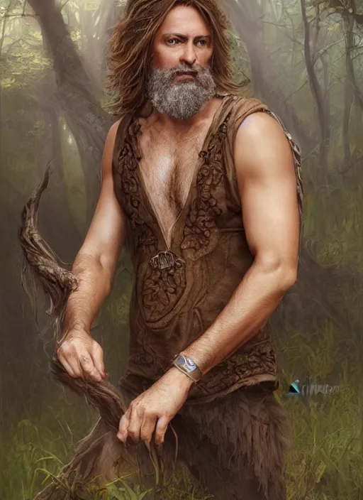 Image similar to a relaxed male middle aged druid in a sleeveless west, short brown hair, stringy, full body, 8 k, hyperrealistic, hyperdetailed, fantasy portrait by laura sava