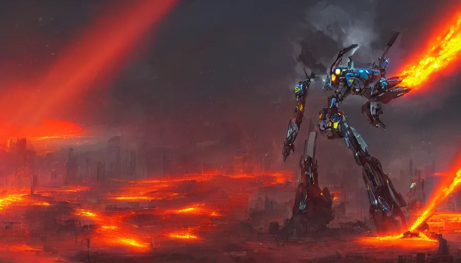 Prompt: Digital painting of a mecha using flamethrowers to destroy a city, humans fleeying, fire and ashes, smoke columns, apocalypse, devasted ground, war, hyperdetailed, artstation, cgsociety, 8k