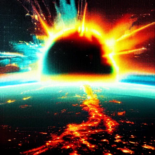 Image similar to mosaic of a nuclear explosion from space, neon lights by greg rutkowski