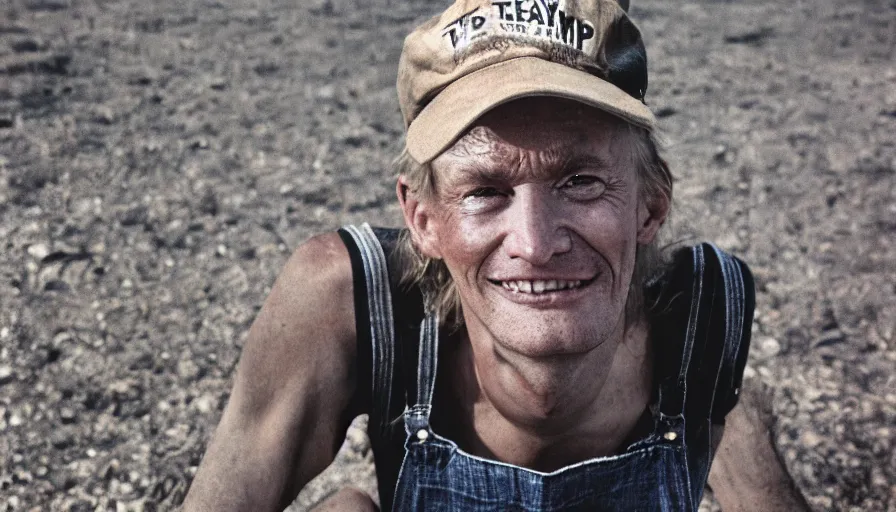 Image similar to far view, extremely skinny malnourished donald trump, wearing dirty overalls, dirty greasy face, grin, portrait, close up, kodak gold 2 0 0, 5 0 mm,