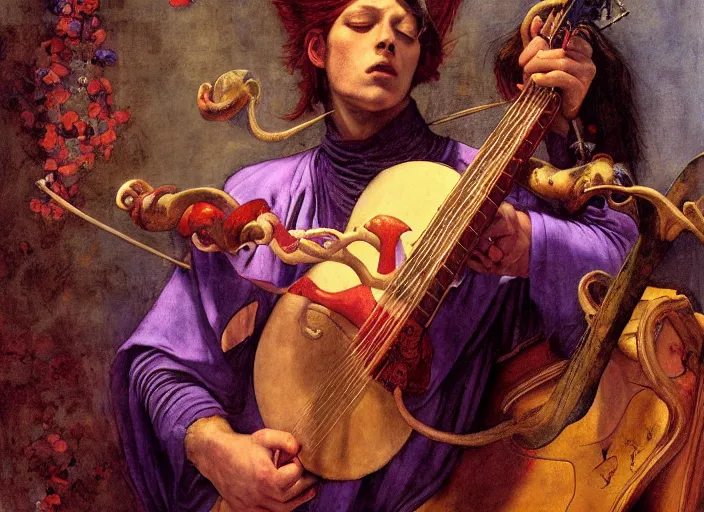 Prompt: a tiefling bard with red skin and horns, wearing purple playing guitar. edgar maxence and caravaggio and michael whelan and delacroix style, artistic, intricate painting, cinematic lighting, hyper realistic, extremely detailed, vivid colors, establishing shot, dramatic lighting