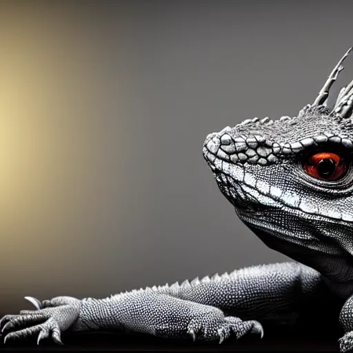 Prompt: a pet lizard wearing armor and vr headset, indoor, photorealistic, monochrome, detailed