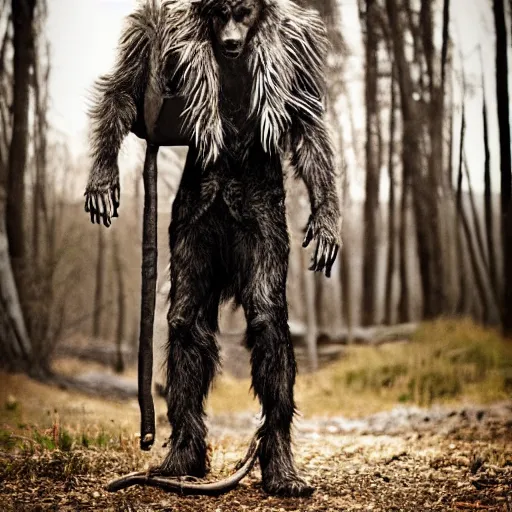Image similar to human wolf werecreature, photograph captured at woodland creek