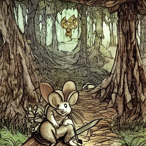 Prompt: Mouse Guard sits on a stump holding a sword, in deep forest, by rivuletpaper, rivuletpaper art, Mouse Guard by David Petersen, mouse photo, small details, realistic illustration, illustrations by irish fairy tales james stephens arthur rackham