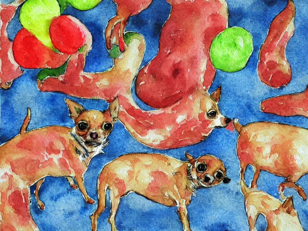 Prompt: a chihuahua dreams of meat slushie outsider art children's illustration watercolor painting