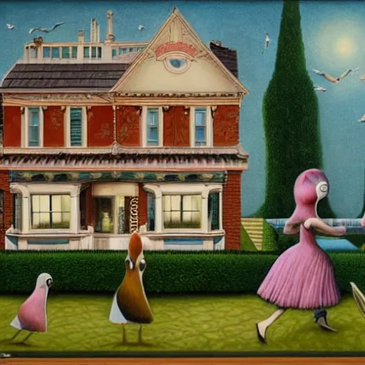 Image similar to anamorphic birds walking past a house, lowbrow surrealistic, in the style of Mark Ryden,