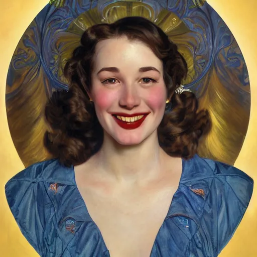 Prompt: Smiling 1940s style brunette portrait, drawn by Donato Giancola and Jon Foster, frank frazetta, alphonse mucha, background by James Jean and gustav klimt, 4k, volumetric lighting, french nouveau, trending on artstation, octane render, hyperrealistic