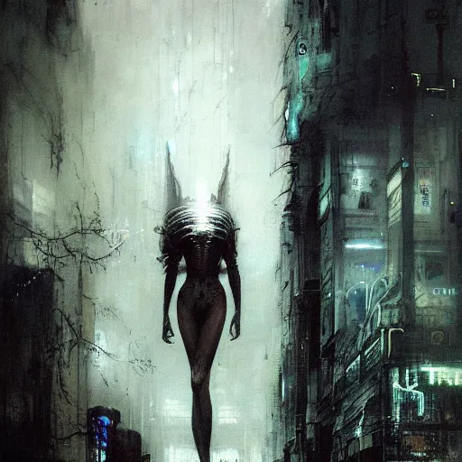 Prompt: a young woman in a cyberpunk noir city by gustave dore and gustave moreau and beksinski and giger and craig mullins and jeremy mann