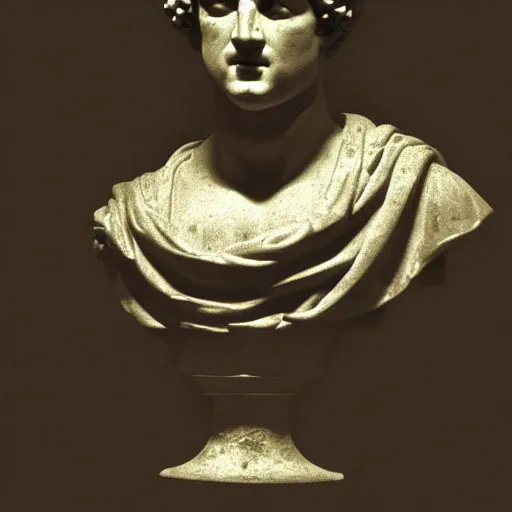 Prompt: an ancient Roman bust on fire in a dark room, high contrast, black, realistic