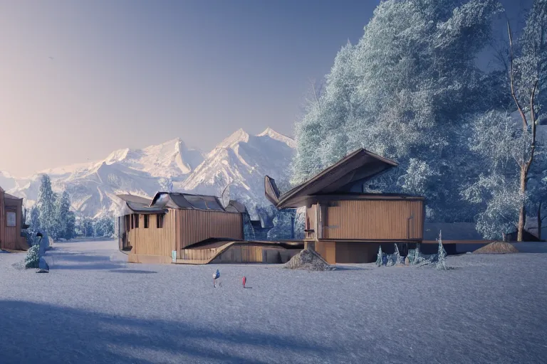 Image similar to futuristic cottage settlement with in the forest with Elbrus mountain covered by snow on the background, architecture, 3d render 8k , high details