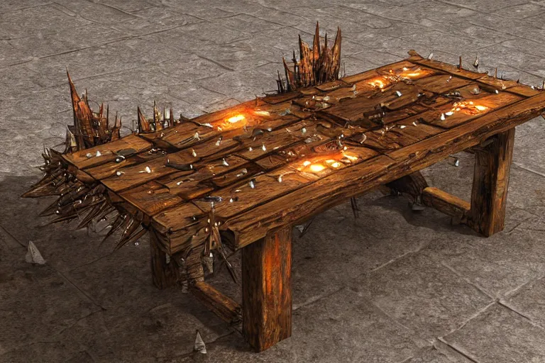 Image similar to a rustic rectangle wooden table with lots of spikes sticking out of it. Dungeons and dragons fantasy digital art, artstation highquality 4k