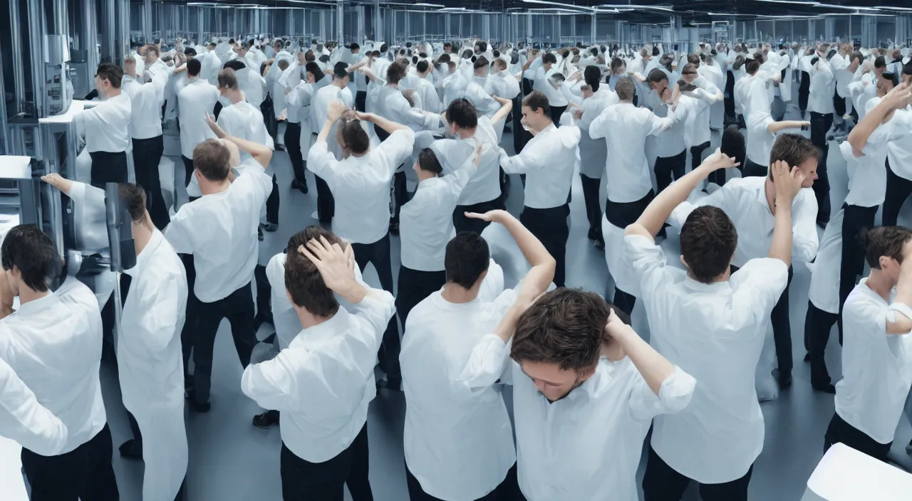 Prompt: Very nervous upset sad people sweating and placing their hands on their head standing next to servers that say Stability Diffusion render farm. Photo realistic. Sad but funny.