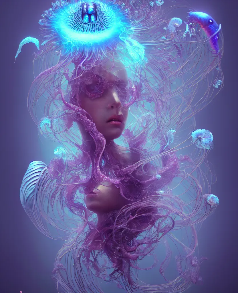 Image similar to goddess close-up portrait. chimera orchid jellyfish phoenix head, nautilus, skull, betta fish, bioluminiscent creatures, intricate artwork by Tooth Wu and wlop and beeple. octane render, trending on artstation, greg rutkowski very coherent symmetrical artwork. cinematic, hyper realism, high detail, octane render, 8k