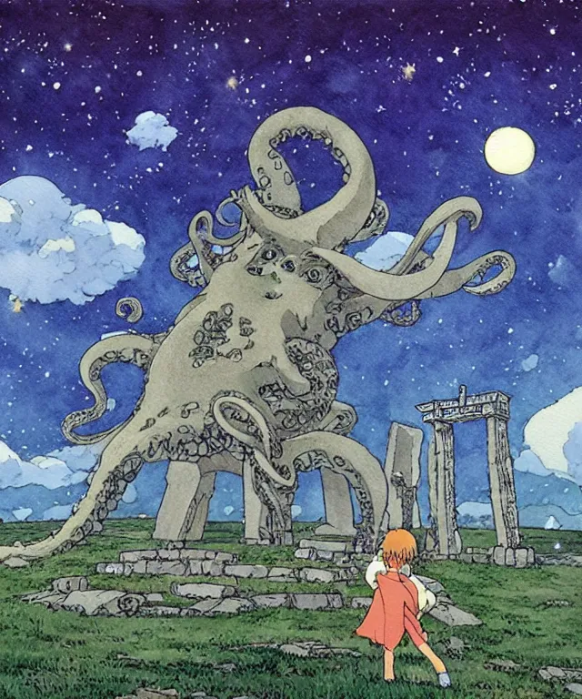 Image similar to a hyperrealist studio ghibli watercolor fantasy concept art. in the foreground is a giant grey octopus lifting and putting stones in to place on top of stonehenge with a starry sky. by rebecca guay, michael kaluta, charles vess