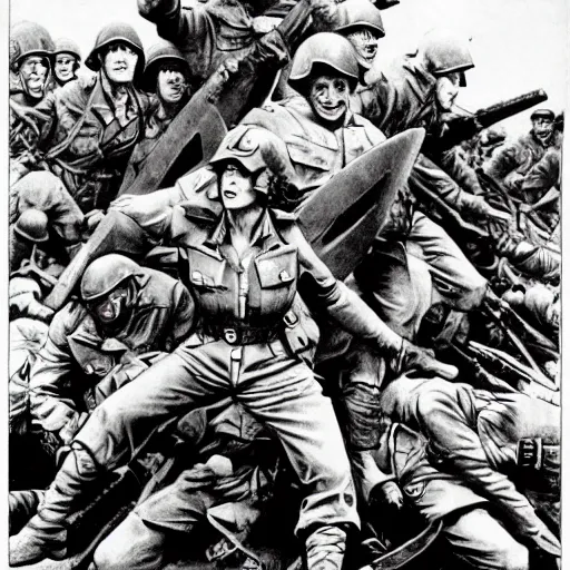 Image similar to female captain america standing on a pile of defeated german soldiers. wwii american propaganda poster by james gurney