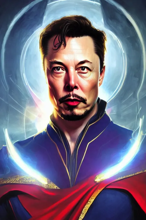 Image similar to elon musk as dr strange, realistic portrait, symmetrical, highly detailed, digital painting, artstation, concept art, smooth, sharp focus, illustration, cinematic lighting, art by artgerm and greg rutkowski and alphonse mucha