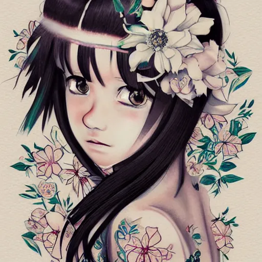 Image similar to tattooed little girl with flowers in hair wearing an white dress. art by ilya kuvshinov, profile picture, inspired in hirohiko araki, highly detailed, 8 0 s anime art style, realistic, vogue cover