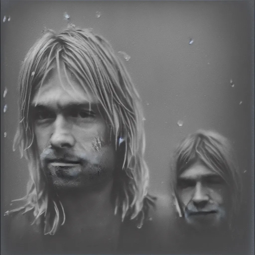 Prompt: polaroid of kurt cobain in seattle, raining! nighttime, color, photorealistic, hyperdetailed, 8 k