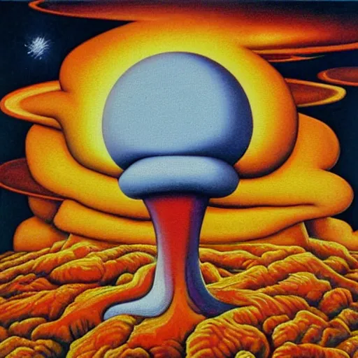 Image similar to 8 0 s new age album cover depicting a mushroom cloud in the shape of guy fieri, very peaceful mood, oil on canvas by mc escher