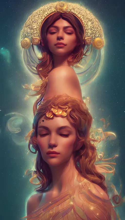 Prompt: a beautiful goddesses, profile, full body, universe in the background, dream, highly detailed, digital painting, refreshing, trending on artstation, octane render, illustration by james jean