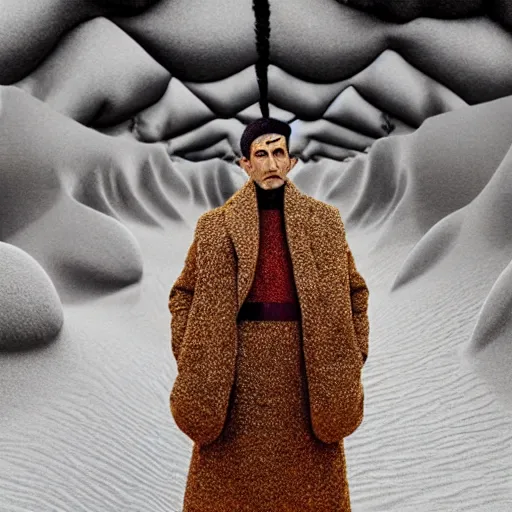 Image similar to An extremely avant-garde surreal portrait, face, highly detailed, intricate elegant editorial photo sharp focus bokeh in sand dunes with and black turtleneck robes and scarf in The Grand Budapest Hotel