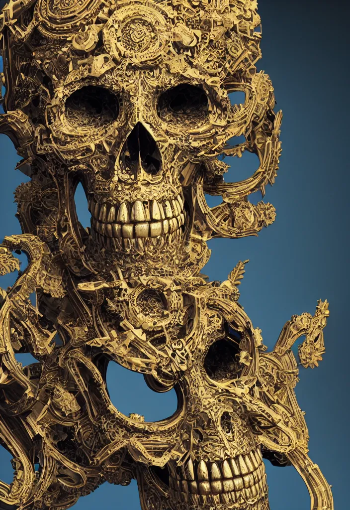 Prompt: portrait of a 3d render ultra detailed skull, art deco, intricate gears details, hyperrealistic, ultra detailed, elegant, octane render, blue and gold, 8k, trending on Artstation, unreal engine