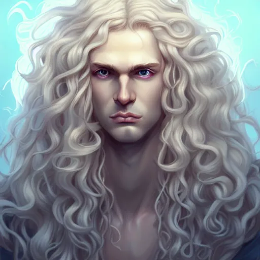 Image similar to Lucius the pale blond androgynous god of the sun, highly detailed, very very very long curly blond hair, extremely luscious curly blond hair, baroque curls, very very very pale white skin, digital painting, artstation, concept art, soft light, sharp focus, illustration