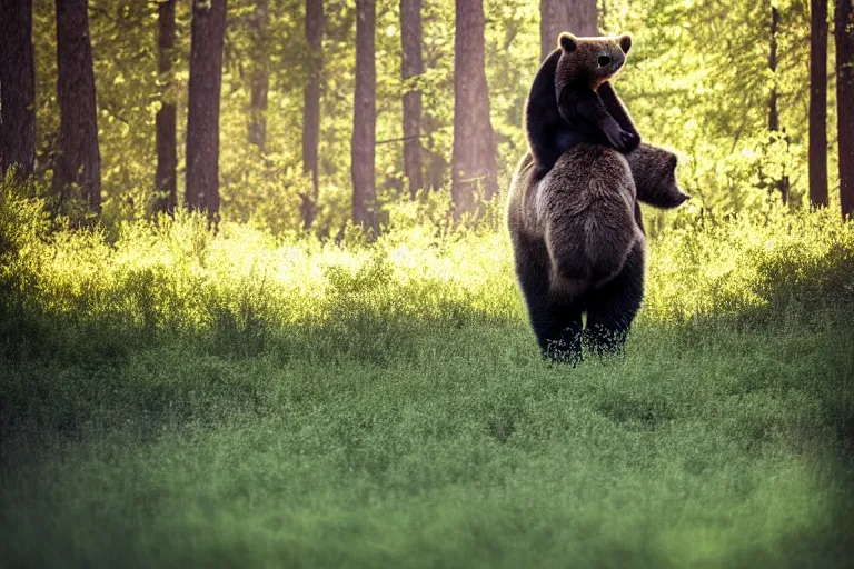 Image similar to man riding bear, XF IQ4, 150MP, 50mm, f/1.4, ISO 200, 1/160s, natural light, Adobe Photoshop, Adobe Lightroom, DxO Photolab, polarizing filter, Sense of Depth, AI enhanced, HDR