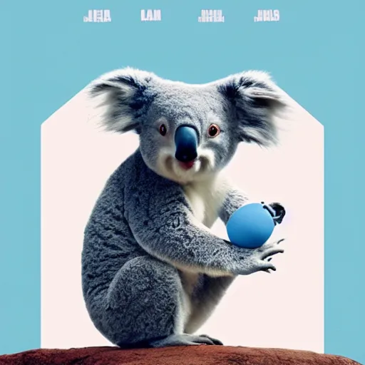 Image similar to Poster for a film about A man and his pet koala, the two characters in foreground, light blue background, minimalist, aesthetic, pinterest, simplistic, film grain, indie film