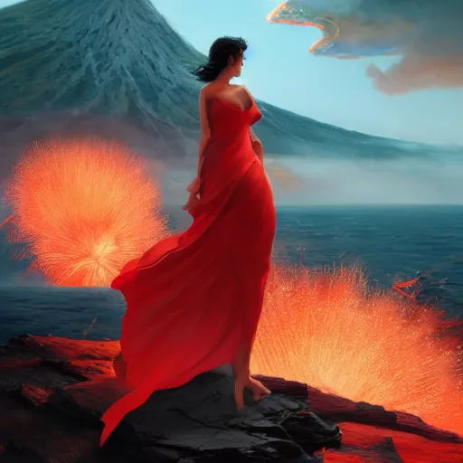 Image similar to luxury advertisement, a highly detailed epic cinematic concept art CG render digital painting artwork of a woman in a red dress posing in front of an erupting volcano. By Greg Rutkowski, Ilya Kuvshinov, WLOP, Stanley Artgerm Lau, Ruan Jia and Fenghua Zhong, trending on ArtStation, made in Maya, Blender and Photoshop, octane render, excellent composition, cinematic atmosphere, dynamic dramatic cinematic lighting, aesthetic, very inspirational, arthouse