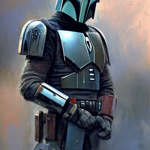 Image similar to portrait of an emotional mandalorian, by jeremy mann, peter elson.