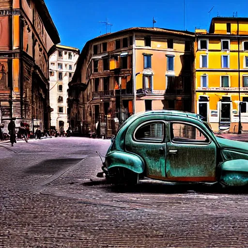 Prompt: a 1 9 th century car part in the middle of a street in rome all the people there as surprised and looking at the car great photography digital art