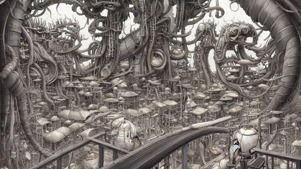 Image similar to A Studio Ghibli Japanese cafe, hyperdetailed, artstation, cgsociety, style of Giger, H. R. GIGER, style of Junji Ito, 4K, highly detailed, minimalistic, minimalistic, minimalistic, fine tuned, machina