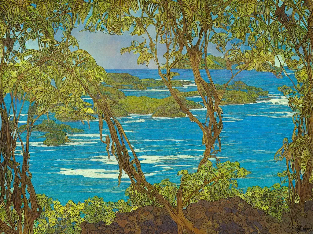 Prompt: Kalapaki Kauai, Hidden lava rock beach lagoon vista, Sunlight Study, by Rebecca Guay and (((((Alphonse Mucha))))) and ((((((Lisa Frank)))))), Art Nouveau, 8k, intense detail, sharp focus