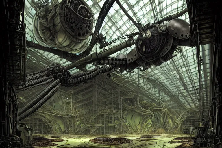 Image similar to dieselpunk huge robotic dragonfly, inside an gigantic underground concrete doom hangar, interior structure, drains, storm drains, jungle, vines, algea, cables, panels, walls, ceiling, floor, doors, brutalist architecture, intricate ink drawing, highly detailed in the style of Ashley Wood, moebius and Tsutomu Nihei, photorealistic, cinematic, intricate detail, well lit,