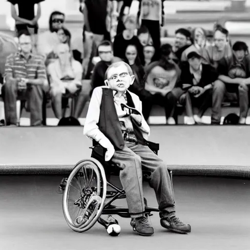 Image similar to Stephen Hawking doing tricks at a skate park