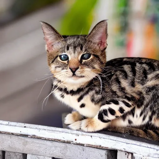 Prompt: a small domestic housecat with a spotted mushroom growing atop its head