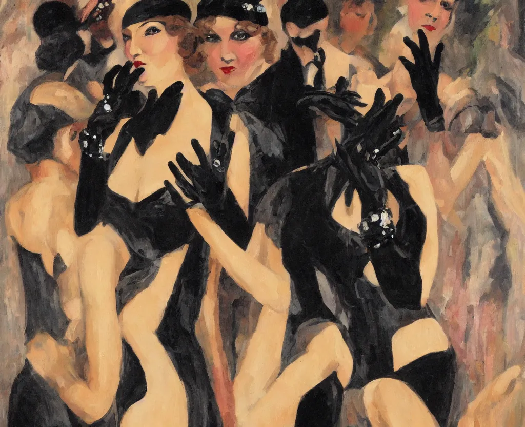 Prompt: realistic oil painting of a 1 9 2 0 s short - haired flapper woman in black satin gloves on a dancefloor with others, at a jazz band performance in a dimly lit speakeasy, jazz age, precise, wide shot, cohesive, stylistic, art deco, cinematic, low - lighting