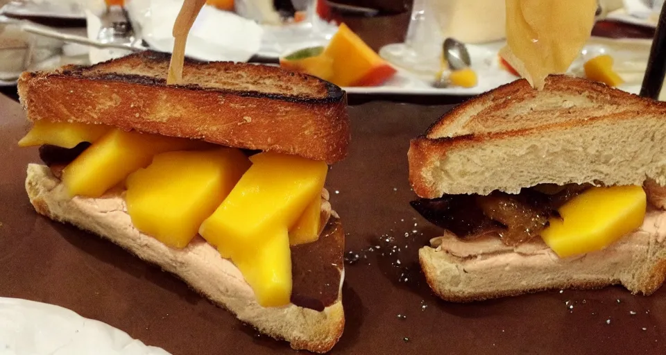 Image similar to foie gras sandwich with mango covered with huge amount of honey, bad, grainy and blurry amateur photo