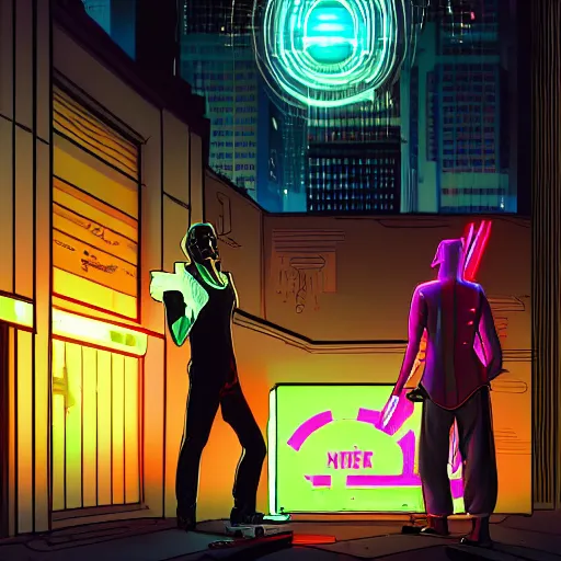 Image similar to two people arguing, detailed digital illustration by matt zeilinger, cyberpunk back alley, nighttime, colorful lighting, android netrunner