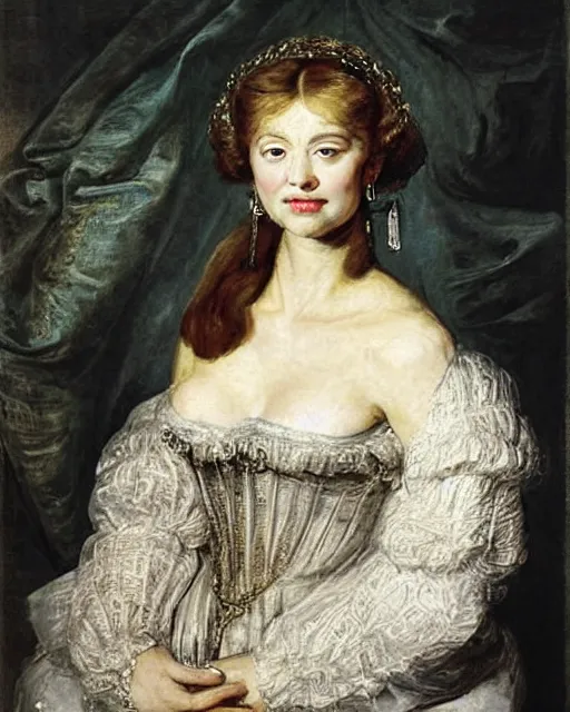 Prompt: portrait pf young beautiful woman by Rubens