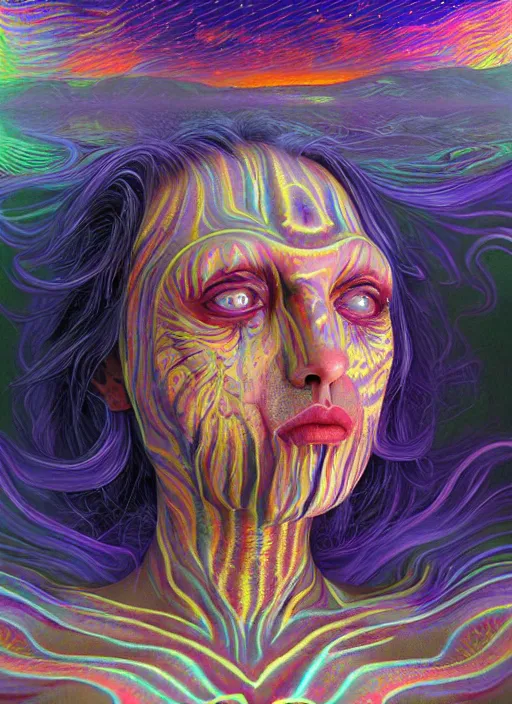 Prompt: side portrait ultra dimensional cult girl shaman, accidentally tripping on dmt and acid, psychedelic experience, ascending through the fifth dimension moving at the speed of light and sitting still, ultra high definition, unreal engine 5, hyperrealism, masterpiece composition, by peter kemp, casey weldon, barclay shaw