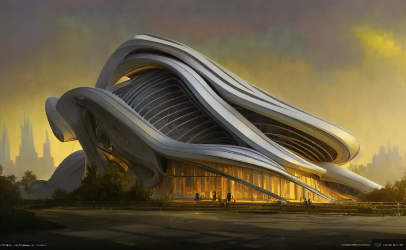 Image similar to exterior shot of utopian architecture building with cinematic lighting by zaha hadid and renzo piano, darek zabrocki and greg ruthkowski, alphonse mucha, simon stalenhag, cinematic, beautiful, holy place, paradise, scifi, futurism, atmospheric, sunset, award winning, concept art, artstation, trending on artstation