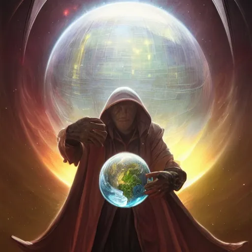 Image similar to creator of worlds wearing a cloak, masked, and holding a holographic planet projection in his hand, detailed, sci - fi, digital painting, artstation, sharp focus, illustration, ominous, artgerm, tomasz alen kopera, peter mohrbacher, donato giancola, joseph christian leyendecker, wlop, frank frazetta