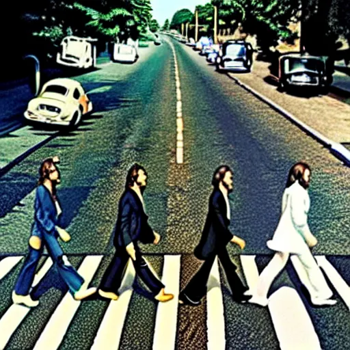 Image similar to an 2010s recreation of the cover of the famous Abbey Road album by the Beatles, hyper detailed