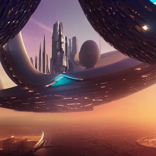 Prompt: The futuristic sci-fi city has extremely tal buildings, a giant spaceship is floating over the city, the background has a detailed heavenly lit exterior with iridescent light, matte painting, concept art, dramatic lighting, golden hour, 4k, 8k, trending on Artstation, realistic