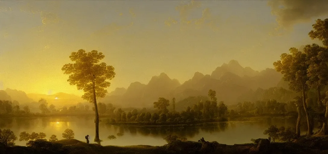 Prompt: a forest with diamond trees at sunset there is golden castle off in the distance, highly detailed landscape painting by claude lorrain, golden hour, misty ominous atmosphere