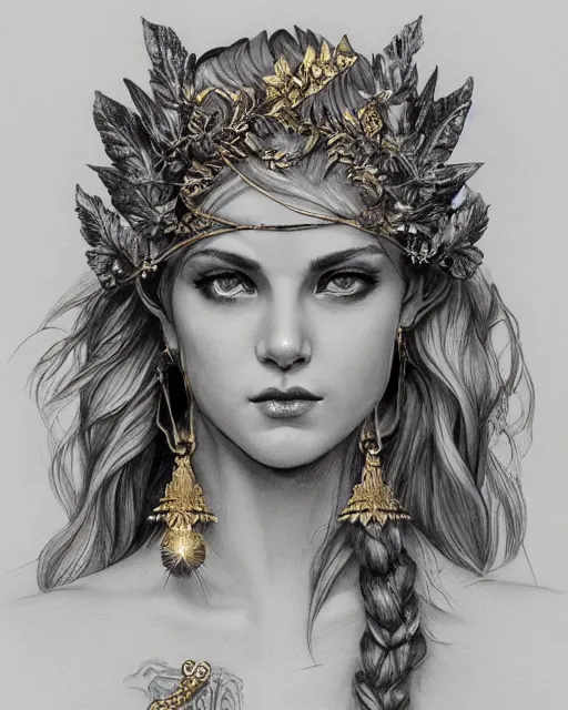 Image similar to front view of beautiful aphrodite greek goddess wearing a gold laurel wreath and triangle earrings, realism tattoo sketch, beautiful piercing eyes with sharp pupils, beautiful blonde hair, in the style of greg rutkowski, fantasy, amazing detail, epic, elegant, smooth, sharp focus