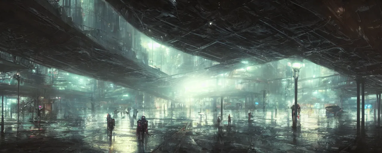 Prompt: under a highway bridge of a cyberpunk city, rain, night, flying shuttles, advertising pannels, rays of light, james gurney, greg rutkowski, unreal engine 5, artstation, sharp focus, award winning